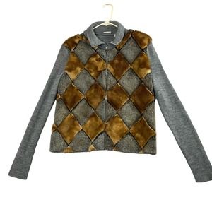 NewPort News Sweater Full Zip womens Large Argyle Grey Brown Faux Fur Wool